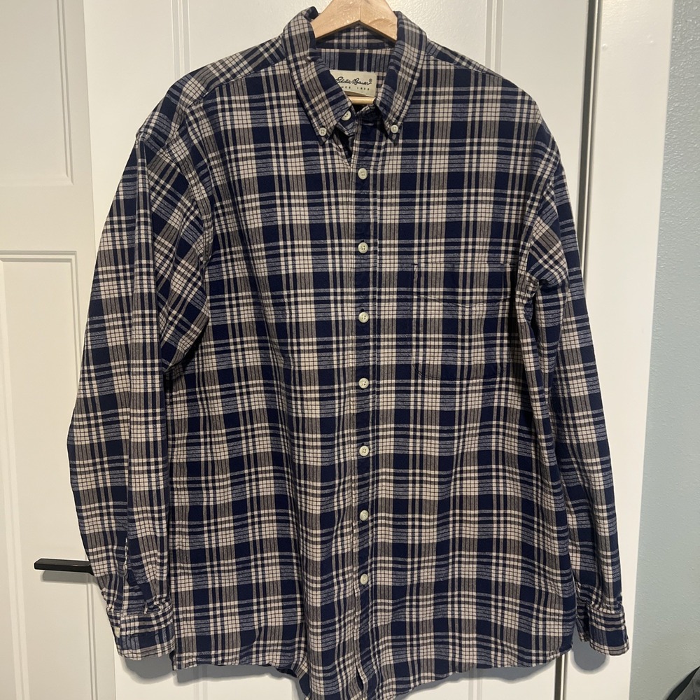 Vintage Eddie Bauer Shirt Men Large Tall‎ Blue Checkered Button Up Long Sleeve